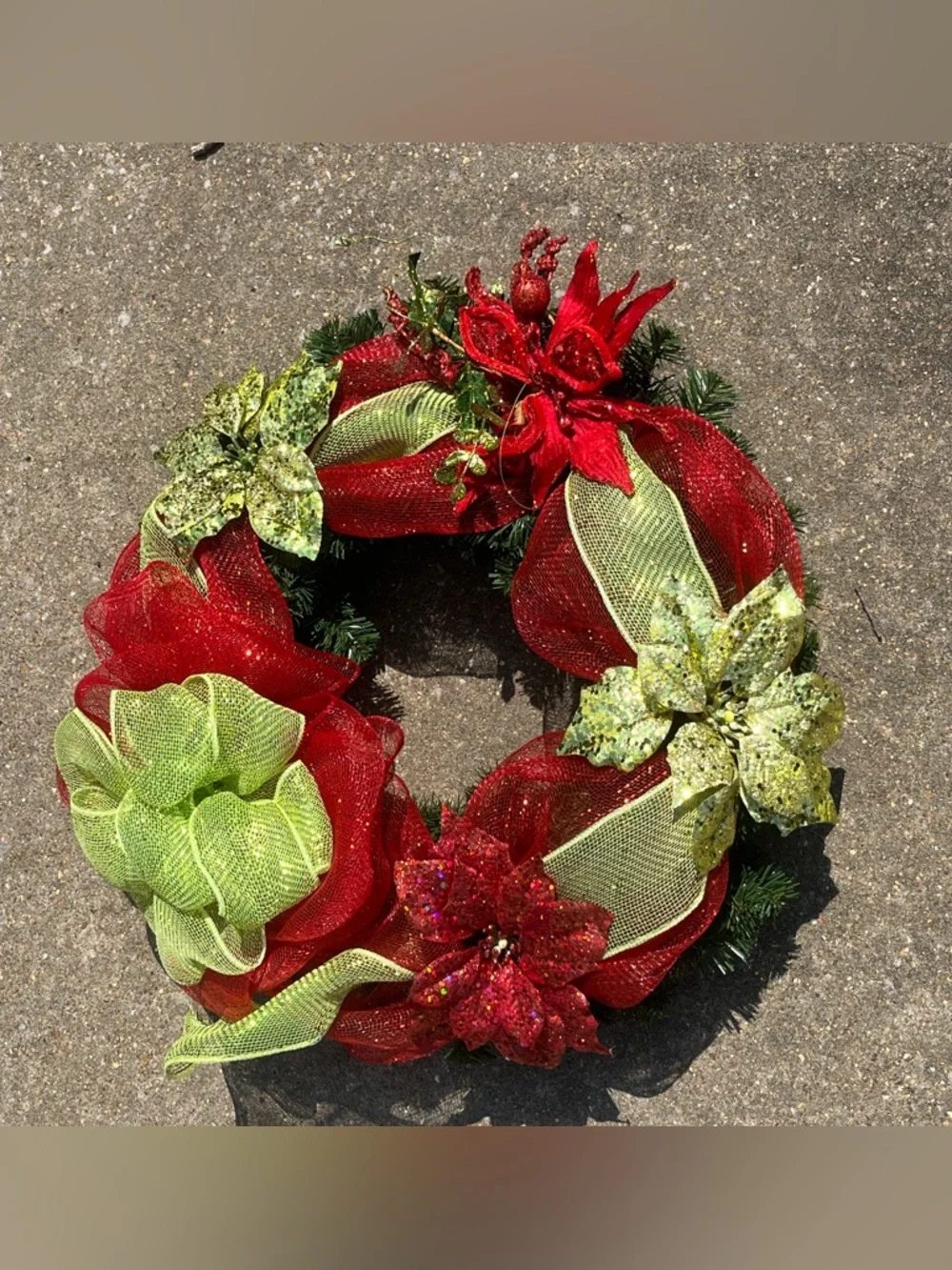Artificial 25 inch Green Christmas Wreath w/ Red & Gold Ribbon Poinsettias